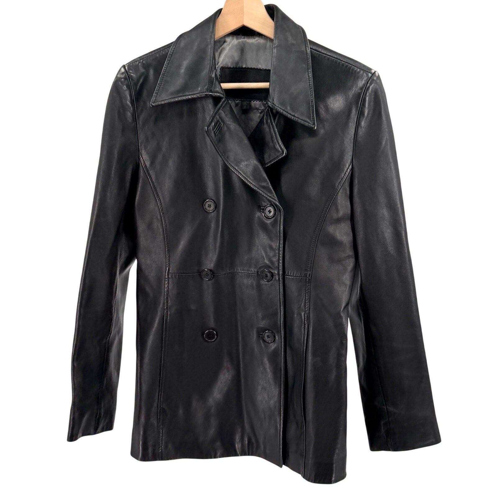 Vintage 90s Guess Mod Black Genuine Leather Double-Breasted Jacket