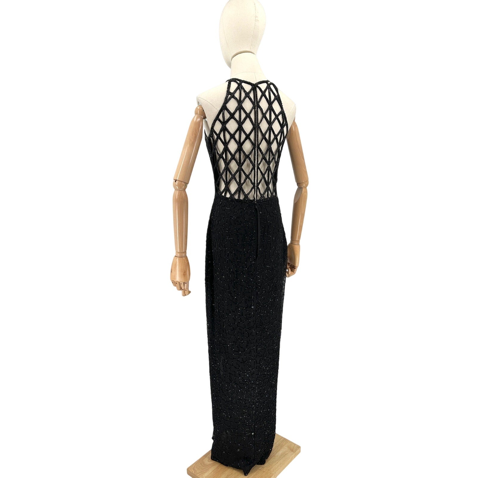 Vintage 90s Scala Black 100% Pure Silk Beaded Lattice Back Gown