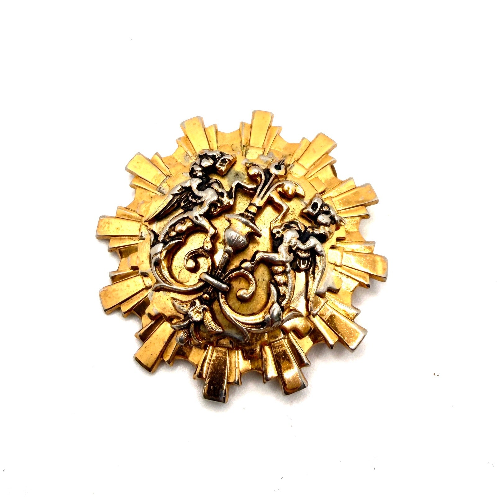 Vintage 60s Coro Gold Silver Tone Metal Heraldic Sunburst Signed Brooch