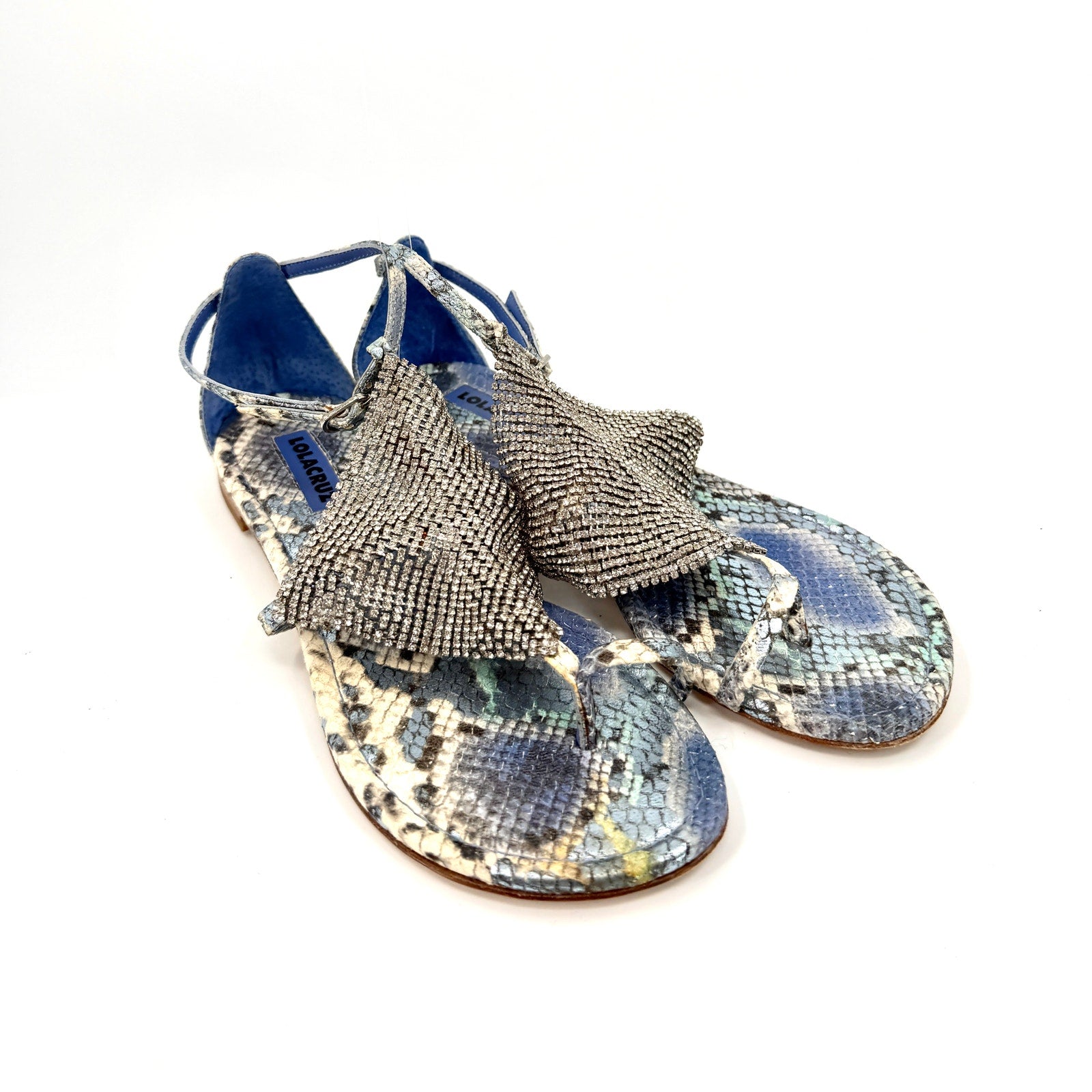 Lola Cruz Blue Snakeskin Genuine Leather Crystal Mesh Thong Sandals
