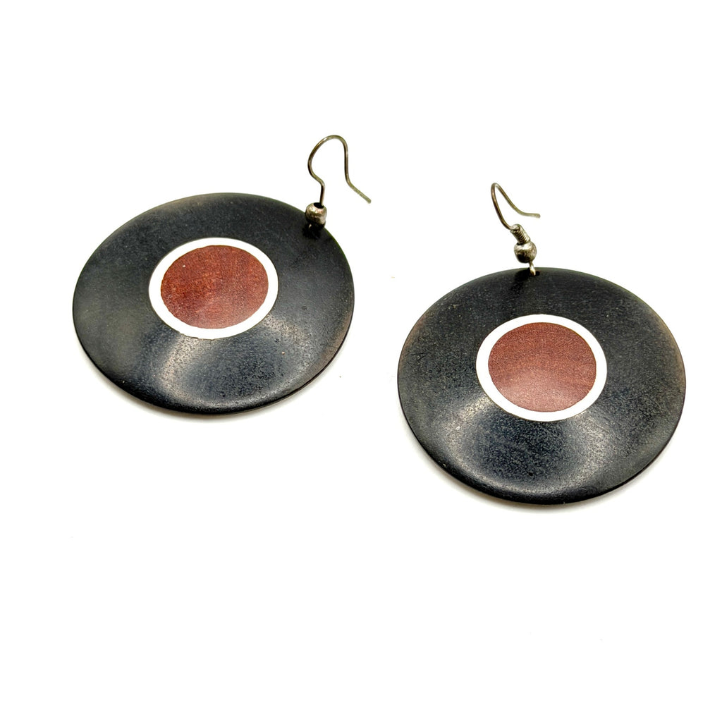 Vintage 80s Afrocentric Tribal Black Brown Wood Disc Drop Hook Earrings