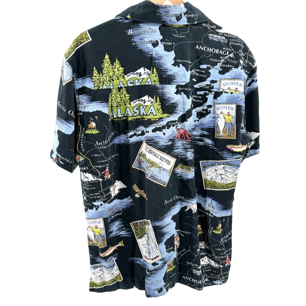 Vintage 90s David Carey Black Alaska Map Novelty Print Button Up Shirt