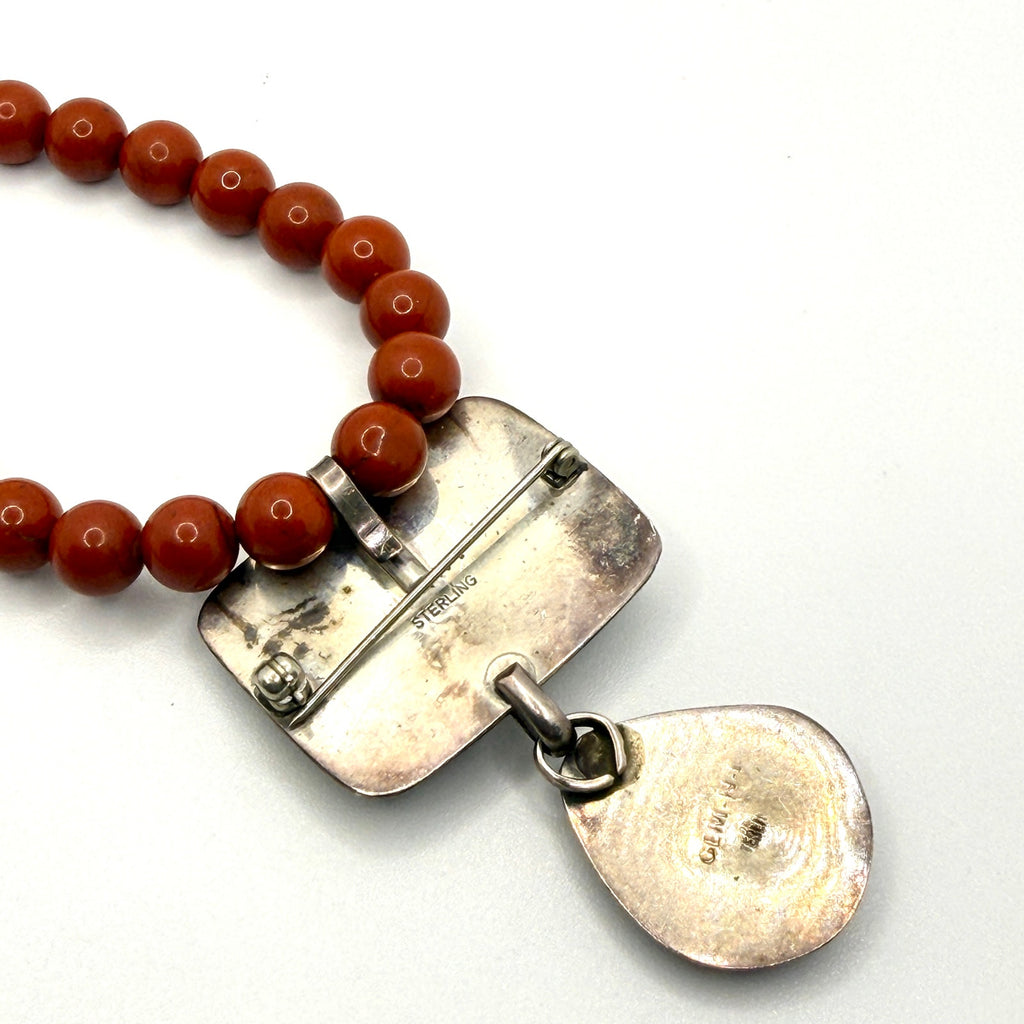 Vintage 90s Gem-N-I Sterling Silver Red Jasper Hieroglyph Necklace Brooch