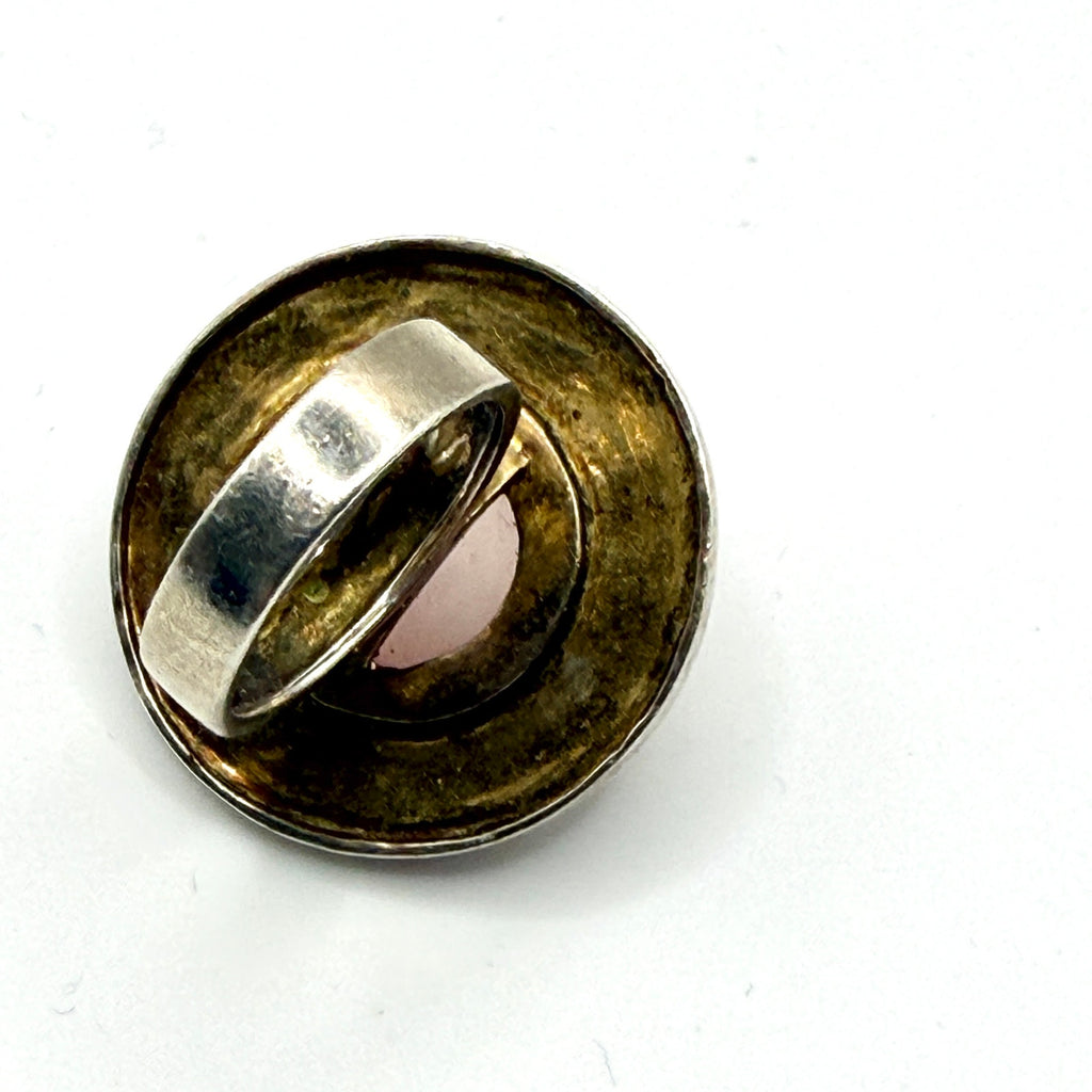 Vintage 90s Sterling Silver Pink Rose Quartz Dot Shield Statement Ring