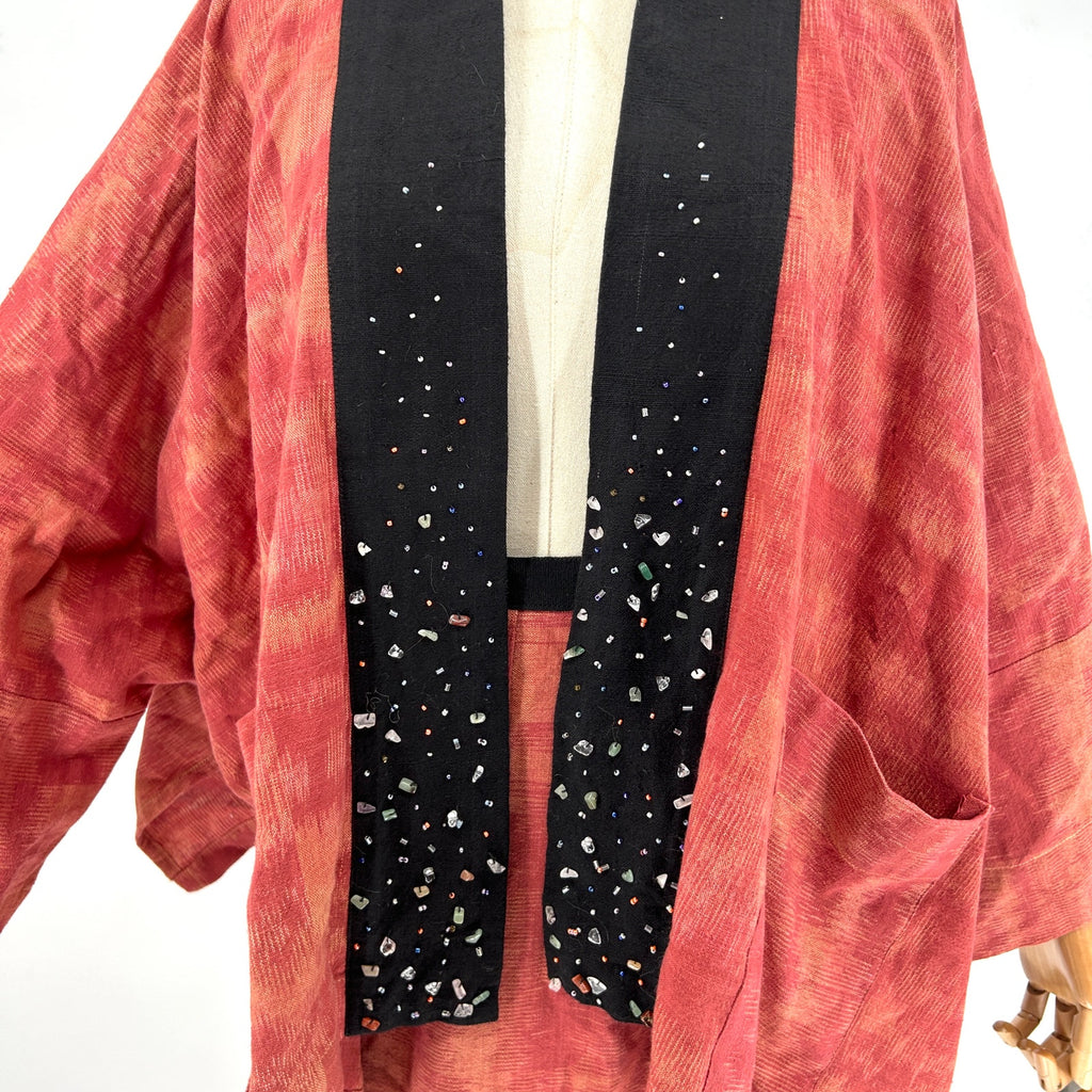 Vintage 90s Thai Handmade Red Bejeweled Kimono Jacket & Wrap Skirt Set