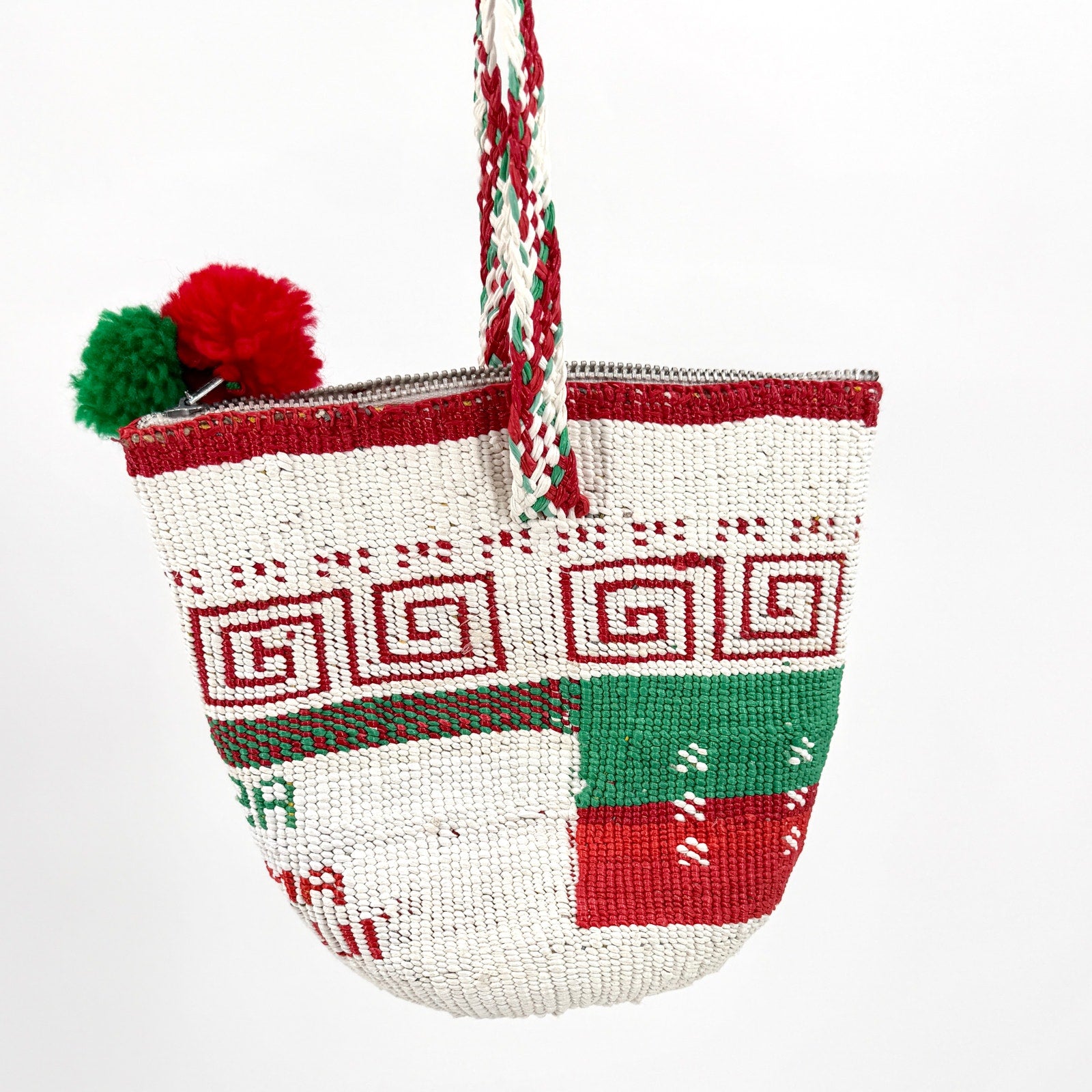 Vintage 70s Handmade Plastic Woven Panama Pom Pom Handbag