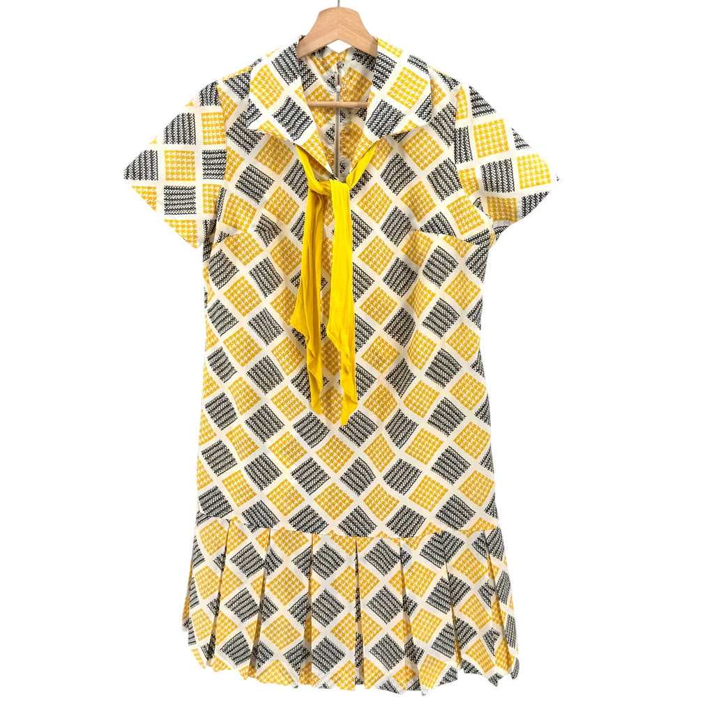 Vintage 60s Handmade Yellow Geometric Check Pleated Drop Waist Dress