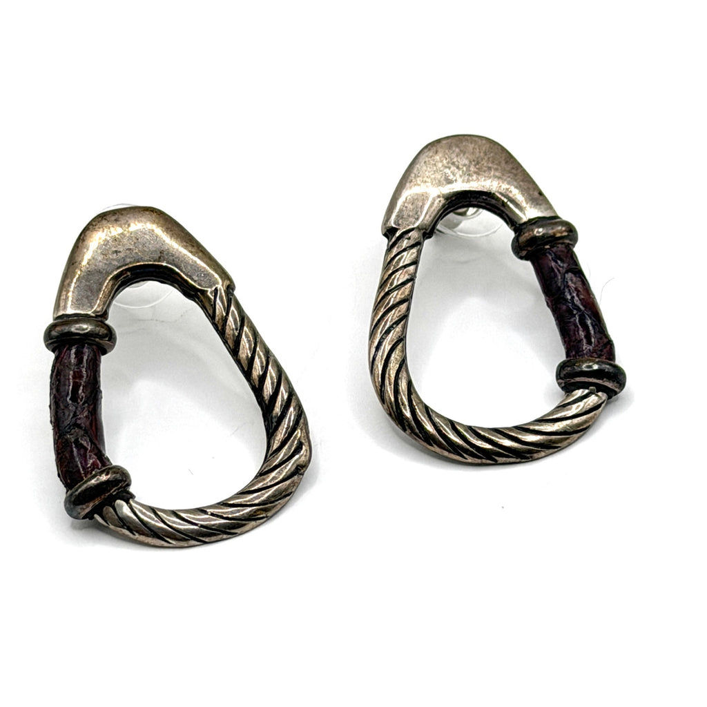 Vintage 90s Stamped Sterling Silver IOD Leather Hoop Post Earrings