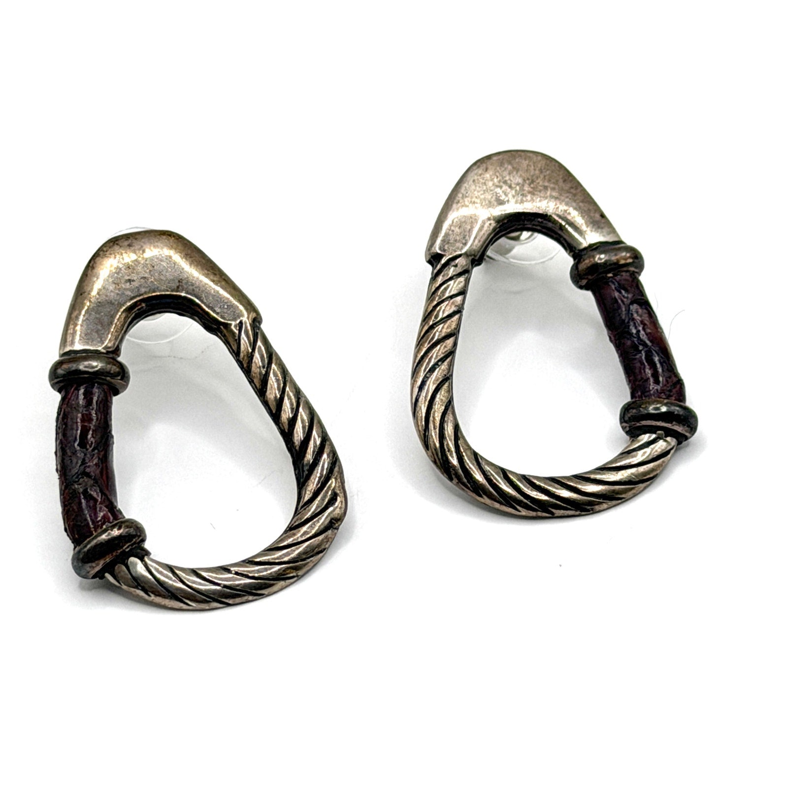 Vintage 90s Stamped Sterling Silver IOD Leather Hoop Post Earrings
