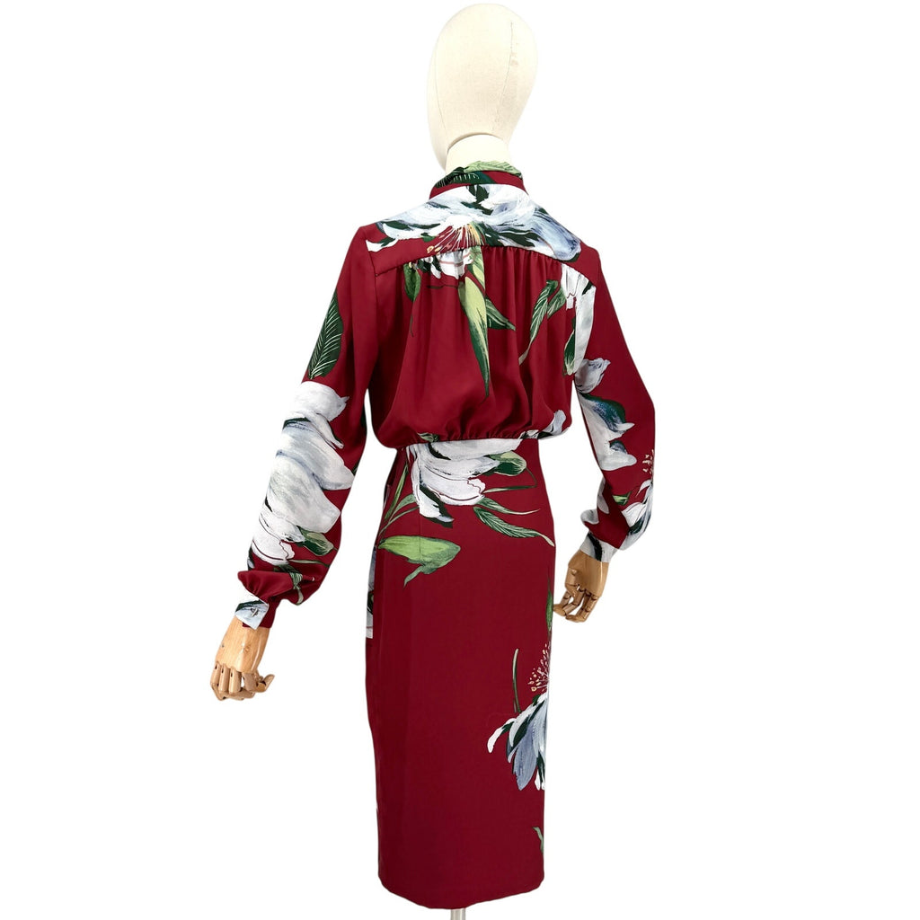 Lola Li Maroon Floral Satin Pussybow Tie Wrap Dress