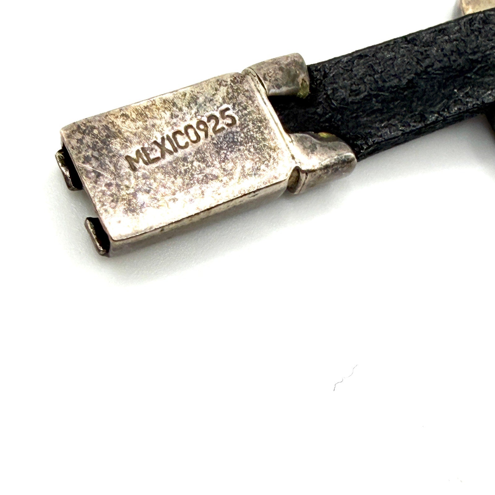 Vintage 90s Mexico Sterling Silver Red Coral Leather Panel Bracelet
