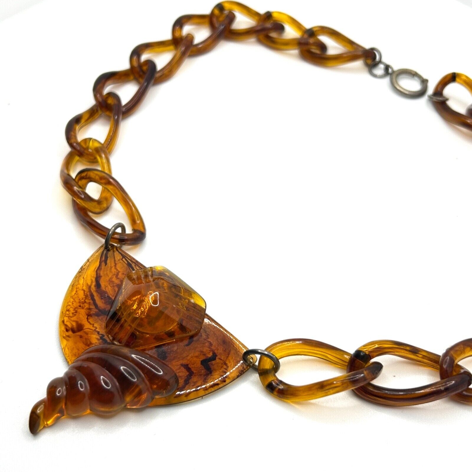 Vintage Art Deco Bakelite Amber-Colored Chain Necklace Bold Abstract Pendant