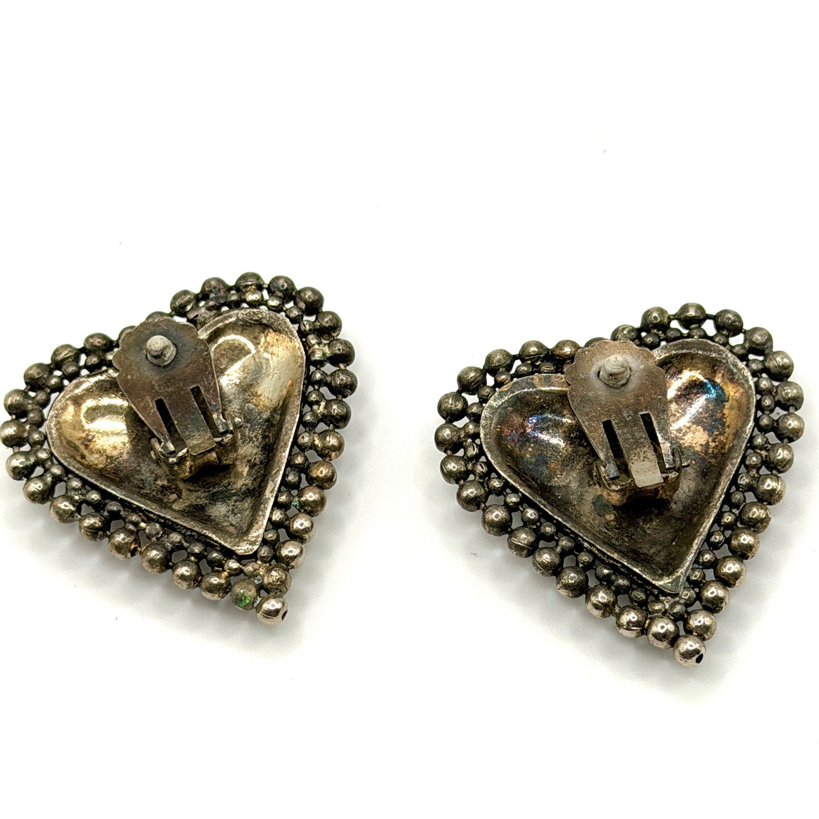Vintage 80s Black Sterling Silver Multi Color Mosaic Inlay Heart Earrings