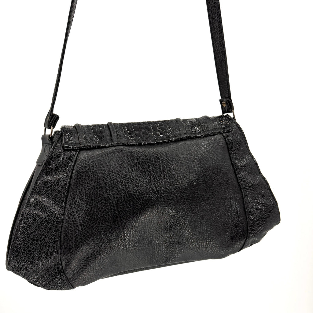 Vintage 80s Black Genuine Leather Patent Mock Croc Shoulder Bag
