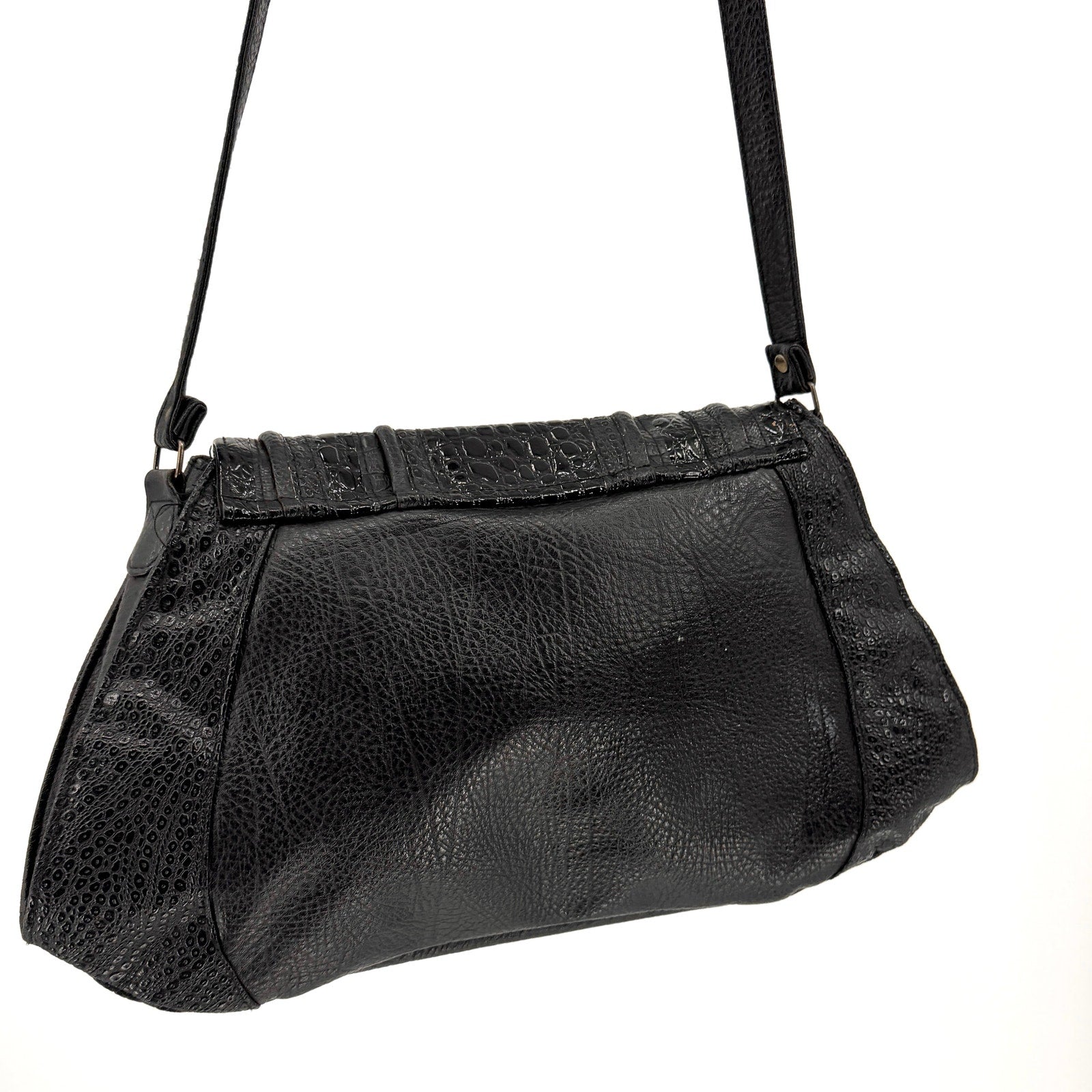 Vintage 80s Black Genuine Leather Patent Mock Croc Shoulder Bag