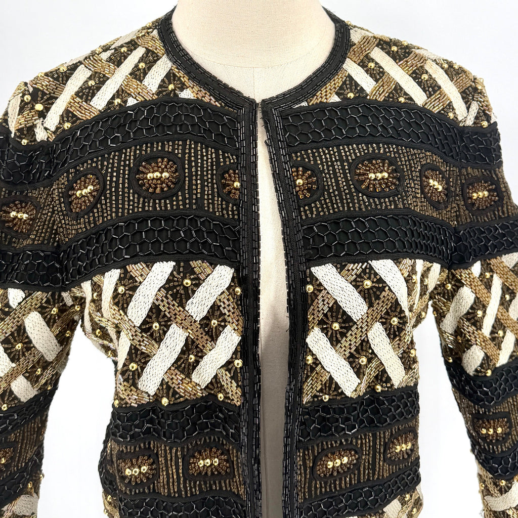Vintage 90s Niteline Della Roufogali 100% Silk Heavy Beaded Cropped Jacket