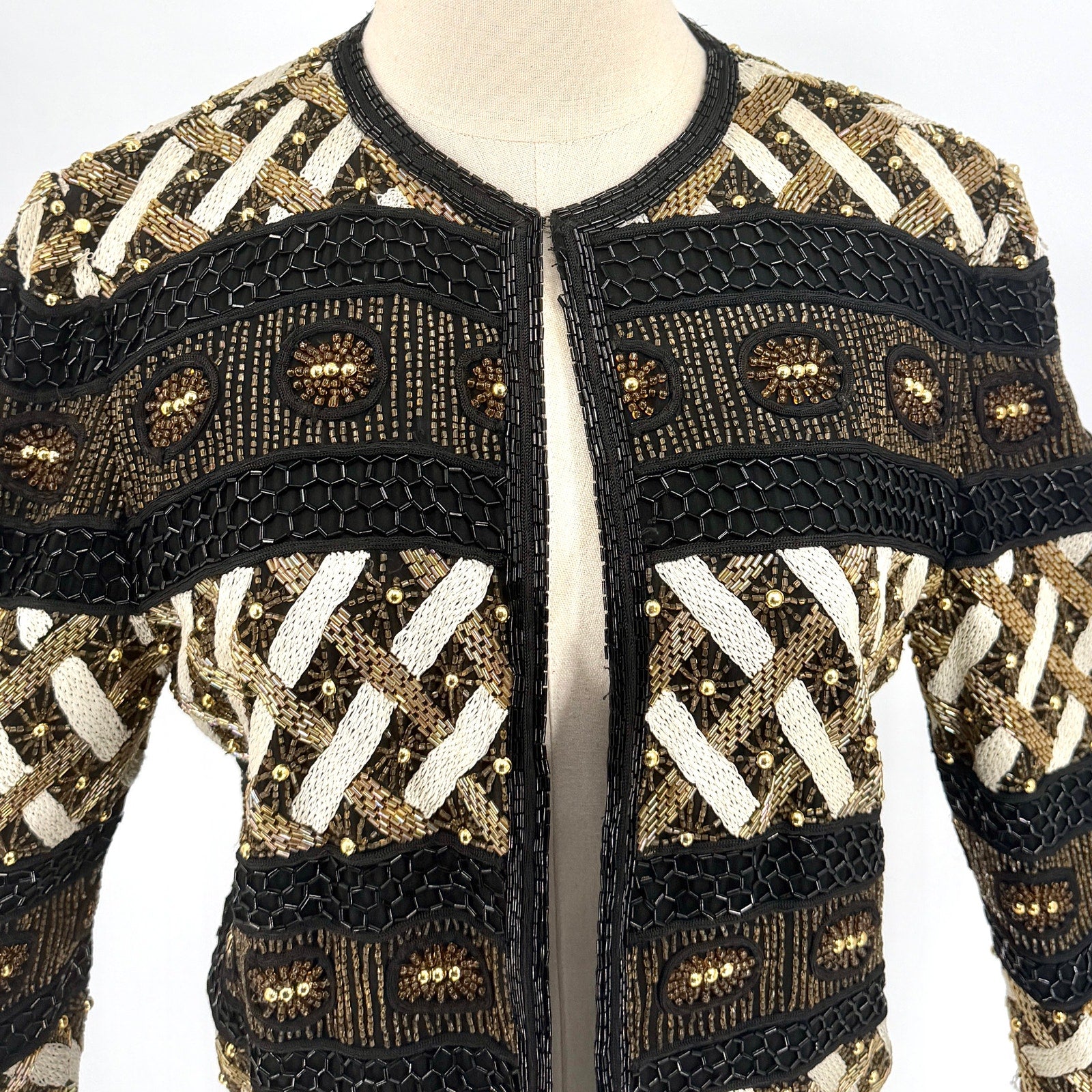 Vintage 90s Niteline Della Roufogali 100% Silk Heavy Beaded Cropped Jacket