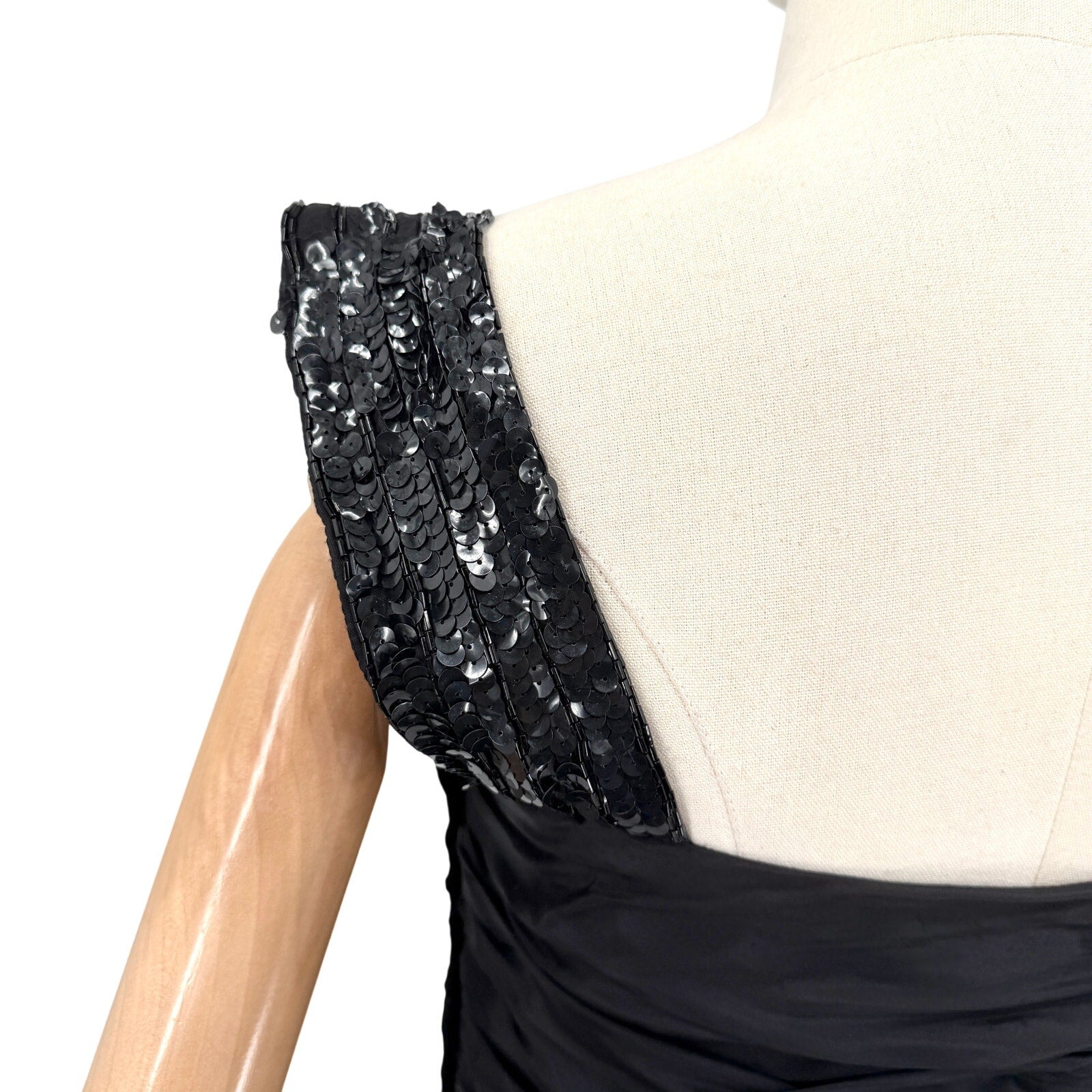 Vintage 80s Tadashi Black Ruched Sequin Strap Glam Cocktail Party Dress