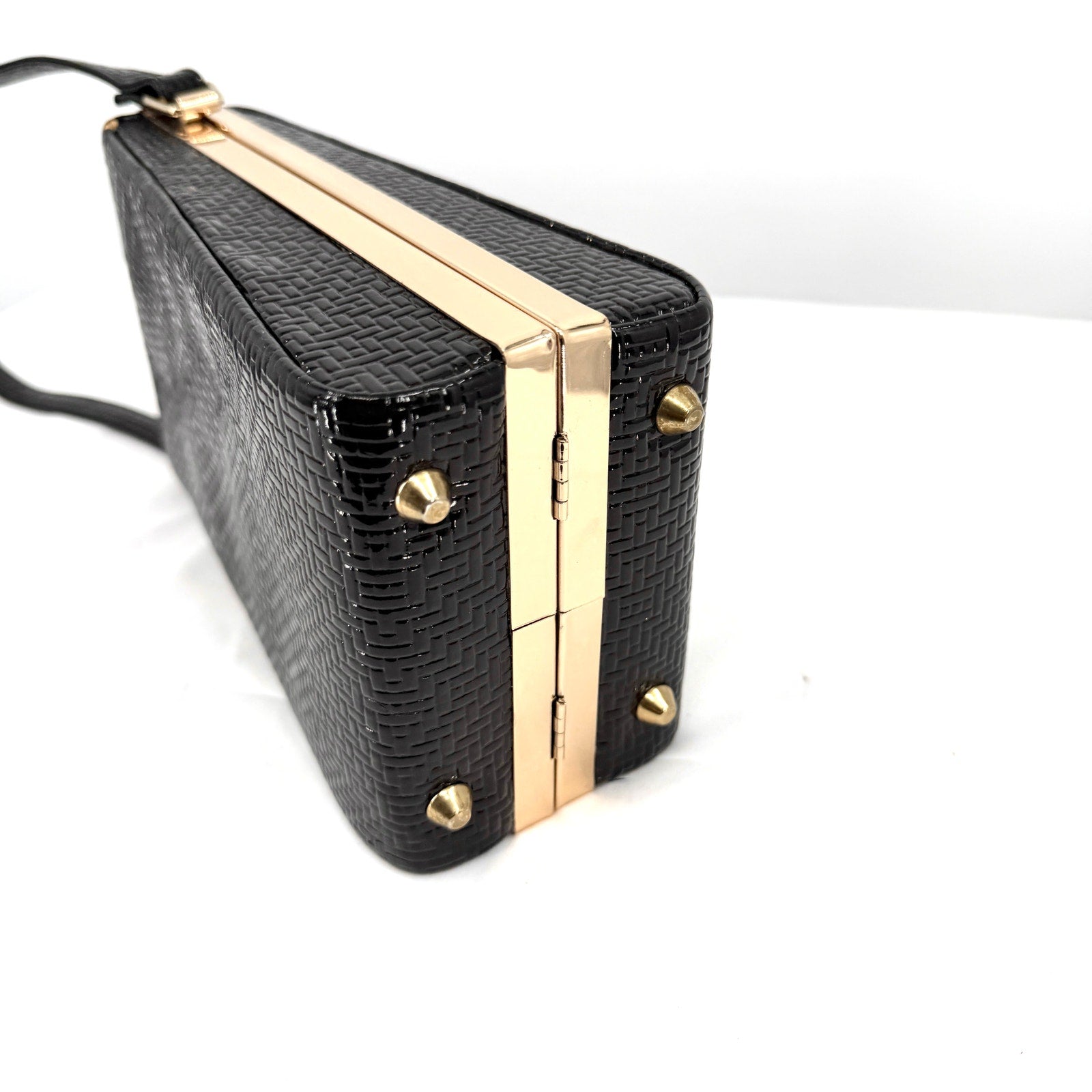 Vintage 90s Black Patent Leather Maximalist Rhinestone Clasp Box Handbag