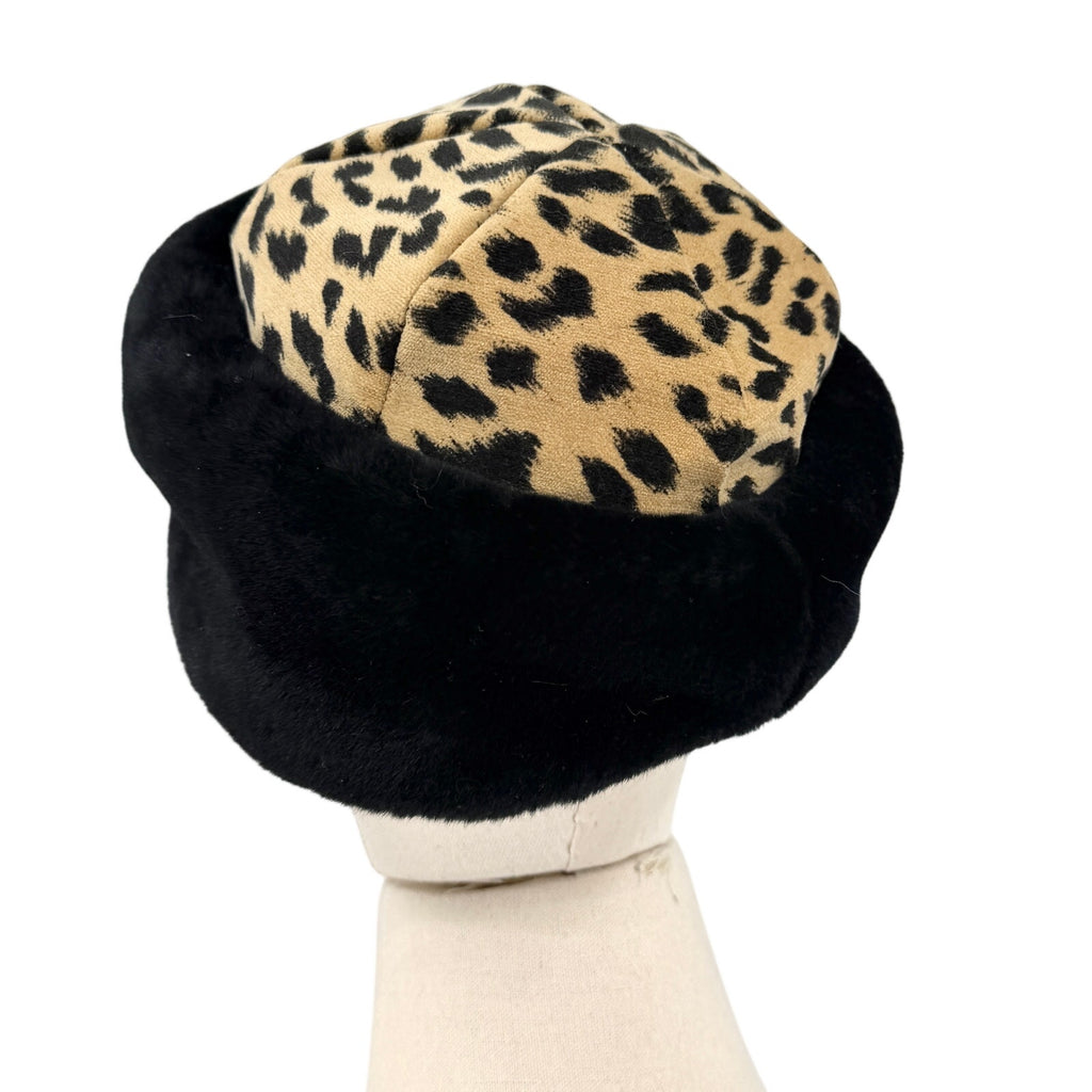 Vintage 90s Liz Claiborne Leopard Black Plush Cossack Hat