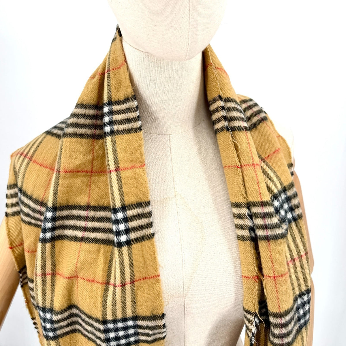Vintage Y2K Beige Tartan Check 100% Cashmere Fringe Trim Scarf