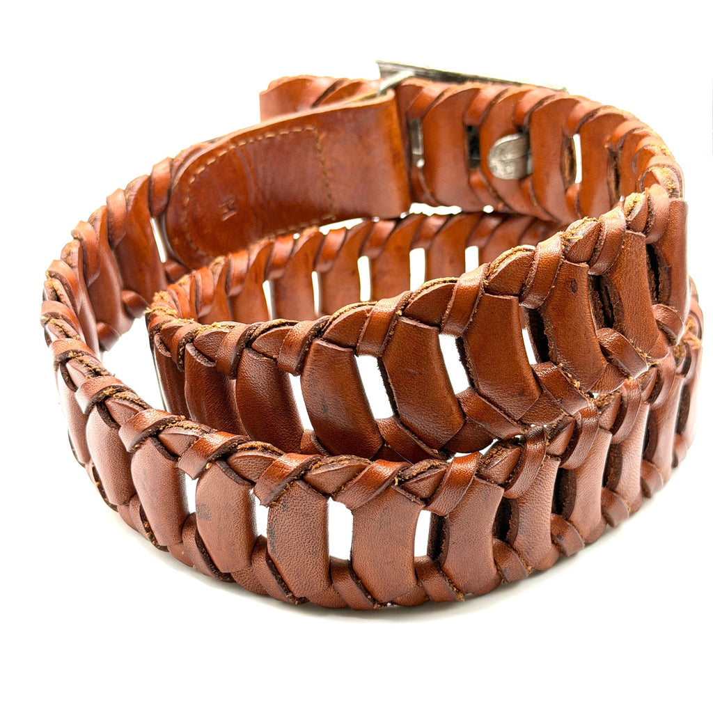 Vintage 90s Brown Genuine Leather Tribal Southwestern Heavy Cast Buckle Belt