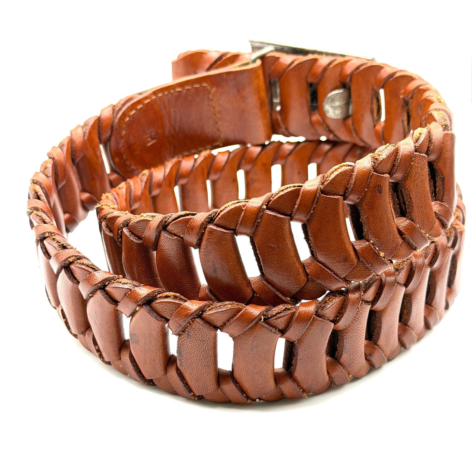 Vintage 90s Brown Genuine Leather Tribal Southwestern Heavy Cast Buckle Belt