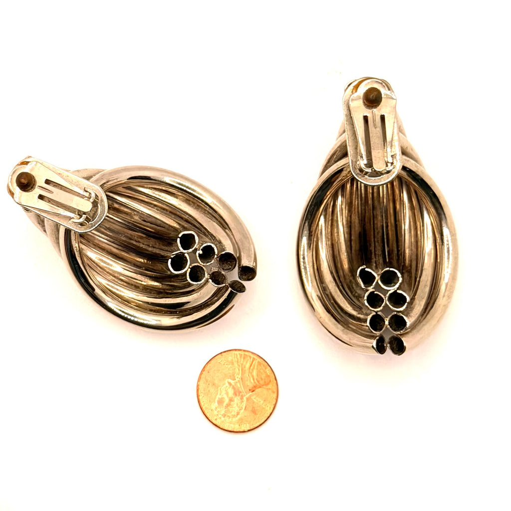Vintage 80s Bold Sterling Silver Tubular Shrimp Swirl Hoop Clip Earrings