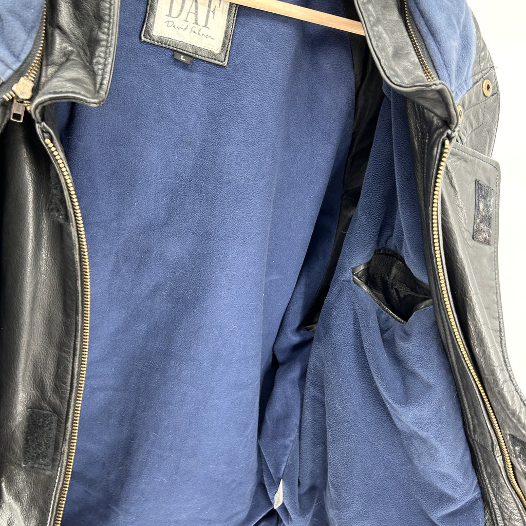 Vintage 90s DAF David Fahren Black Genuine Leather Hooded Bomber Jacket