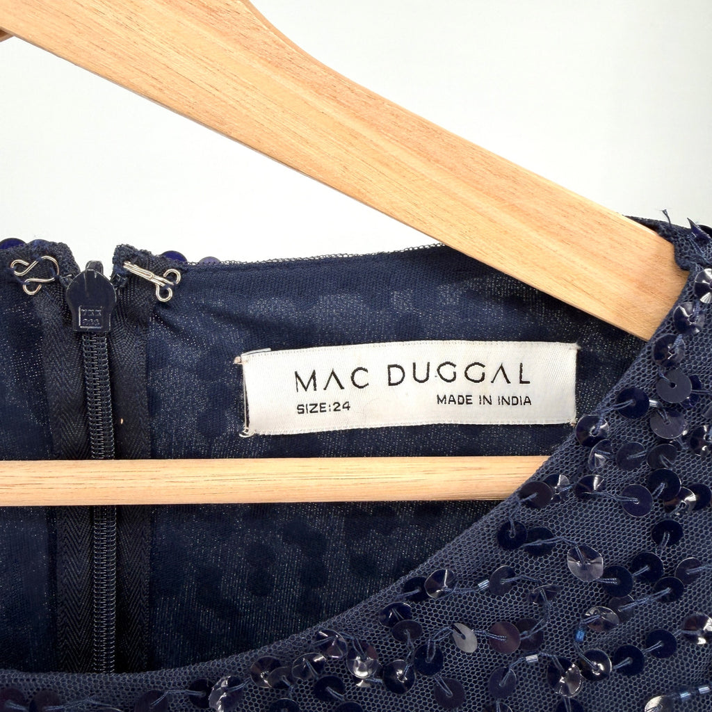NWT Mac Duggal Navy Blue Sequin Tiered Ruffle Bell Sleeve Formal Cocktail Dress