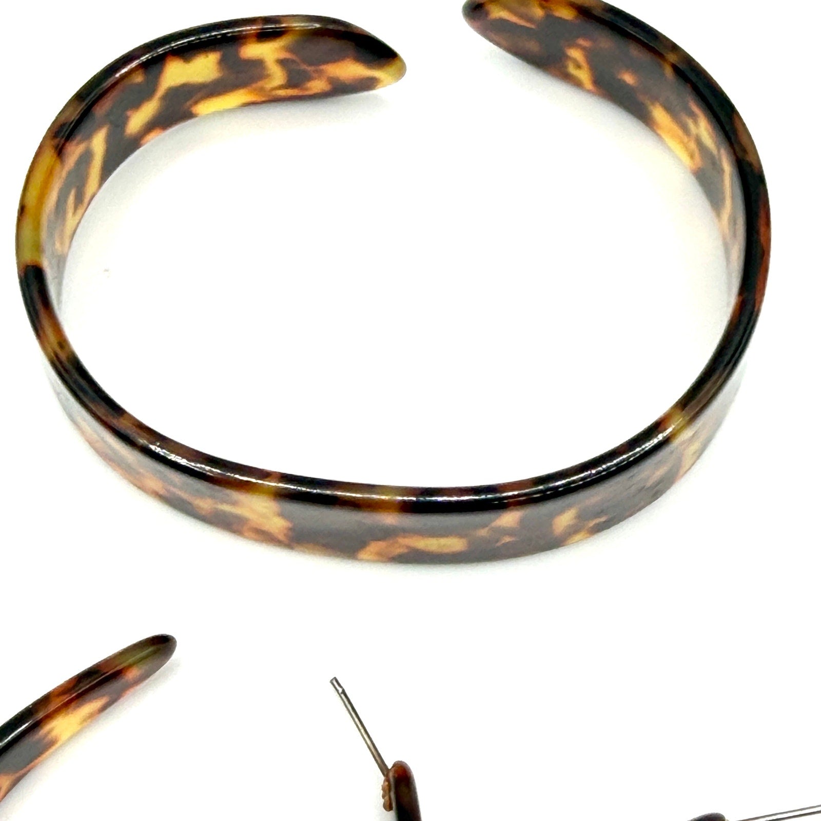 Vintage 80s Tortoiseshell Chunky Hoop Cuff Bracelet Earring Set