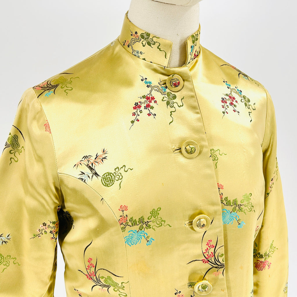 Vintage 60s Couture Gold 100% Silk Satin Embroidered Cheongsam Dress Suit