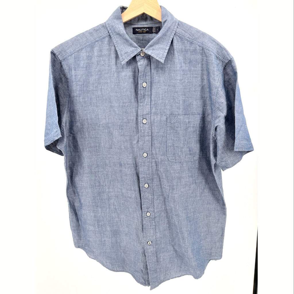 Nautica Blue Ramie Cotton Blend Short Sleeve Button Down Shirt