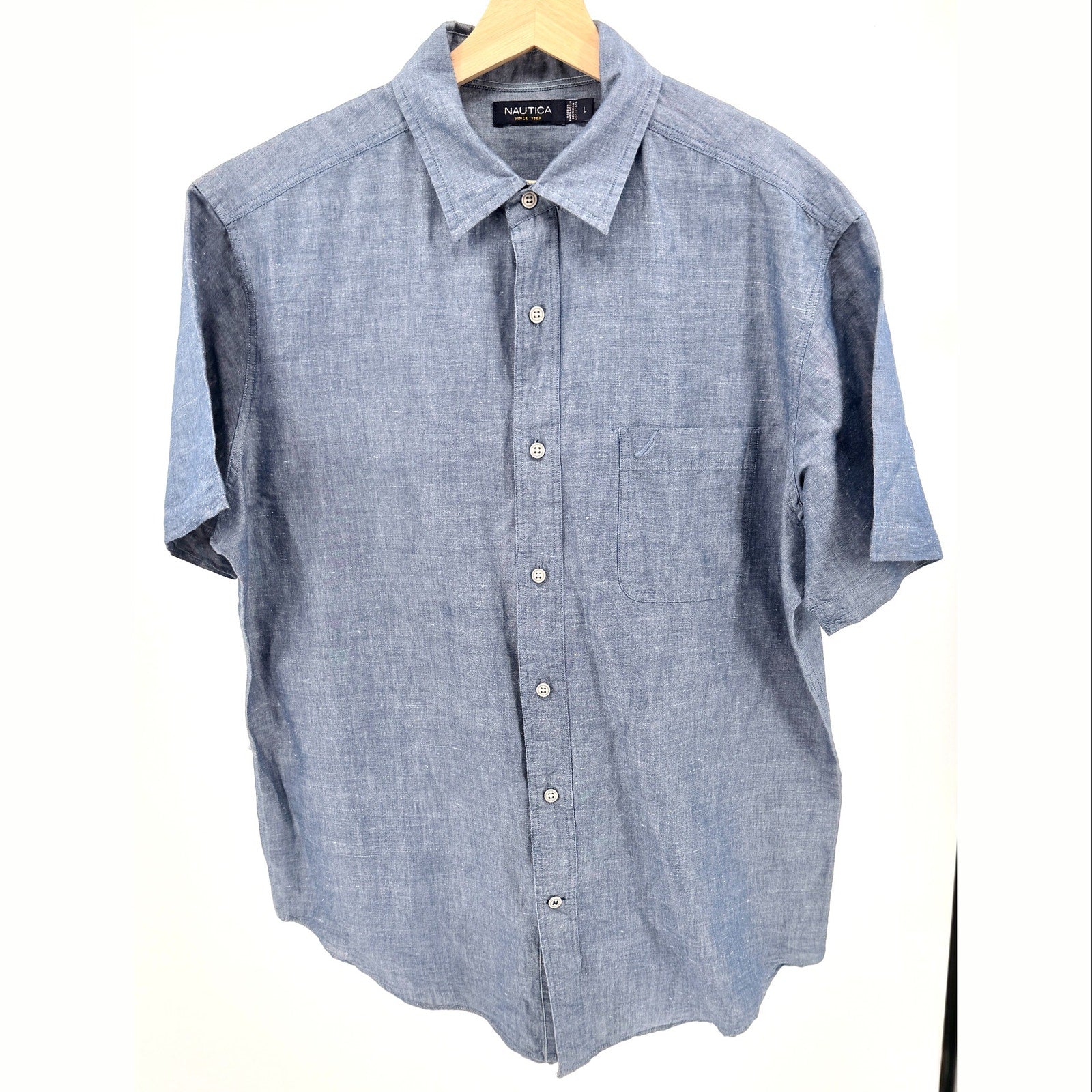 Nautica Blue Ramie Cotton Blend Short Sleeve Button Down Shirt