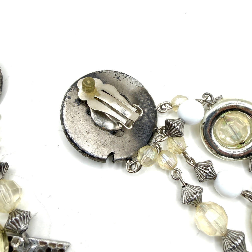 Vintage 80s Silver White Lucite Geometric Chandelier Statement Clip On Earrings