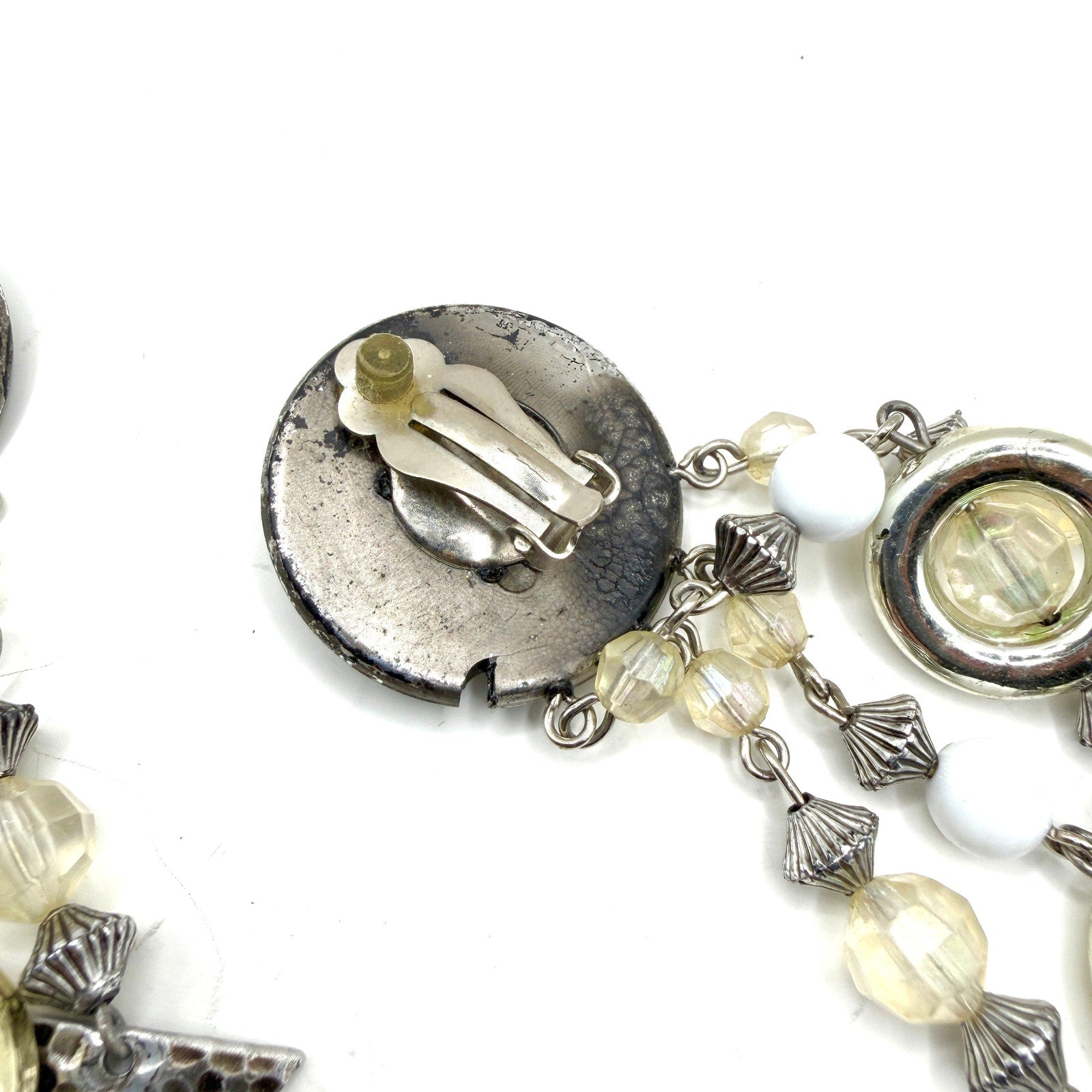 Vintage 80s Silver White Lucite Geometric Chandelier Statement Clip On Earrings