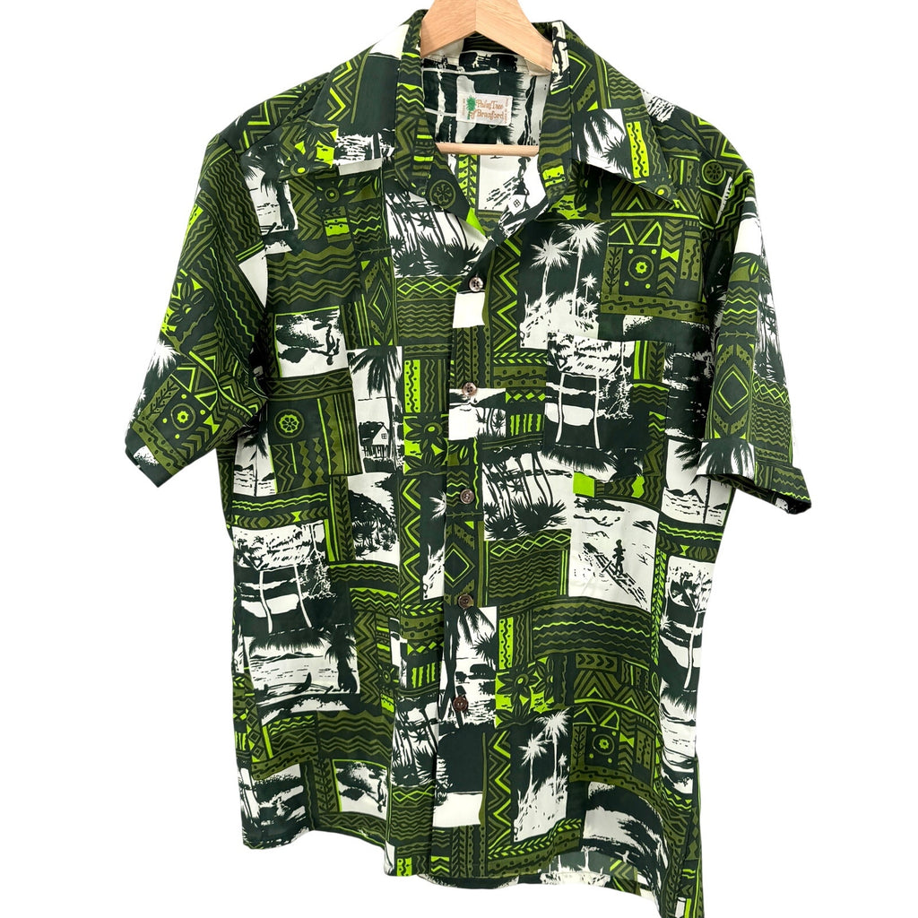 Vintage 70s Palm Tree of Branford Green Hawaiian Tiki Dagger Collar Shirt