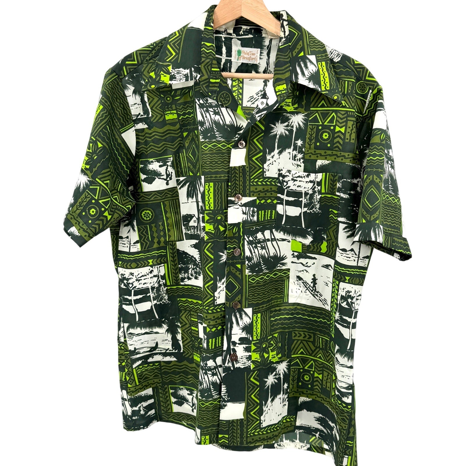 Vintage 70s Palm Tree of Branford Green Hawaiian Tiki Dagger Collar Shirt