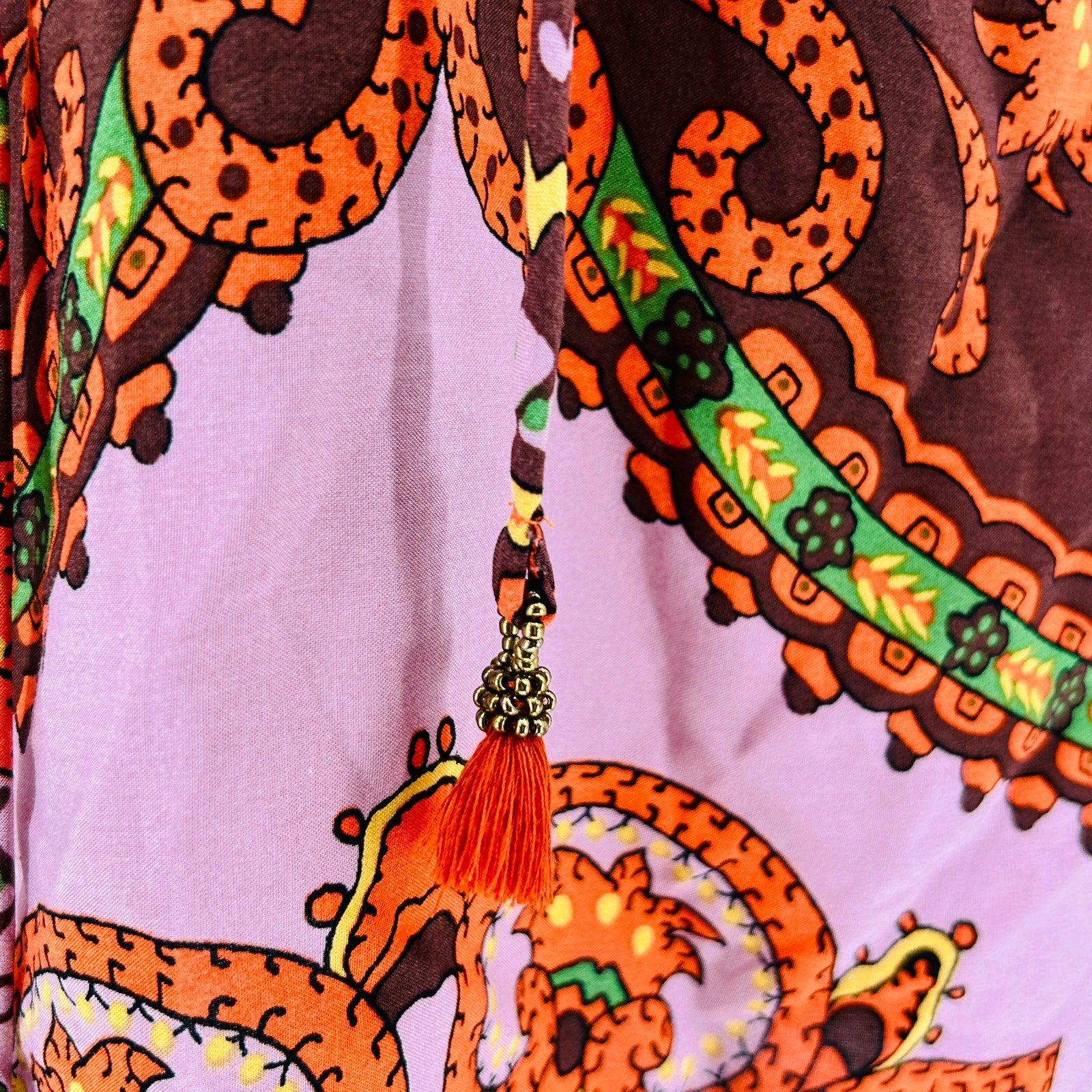 Farm Rio Pink Orange Green Brown Paisley Tapestry Lace-Up Mini Dress