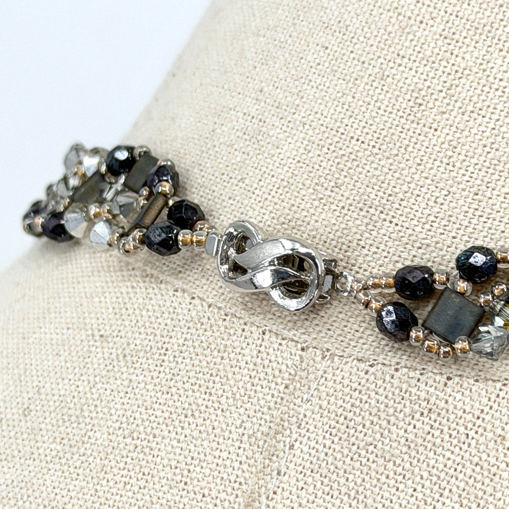 Vintage 90s Black Crystal Hand Beaded V Shape Statement Choker Necklace