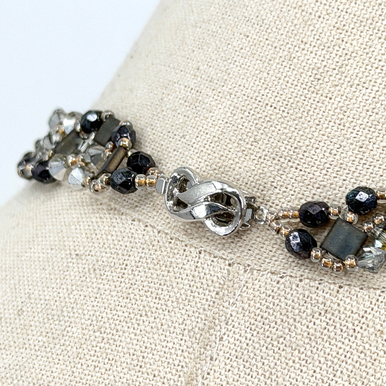 Vintage 90s Black Crystal Hand Beaded V Shape Statement Choker Necklace