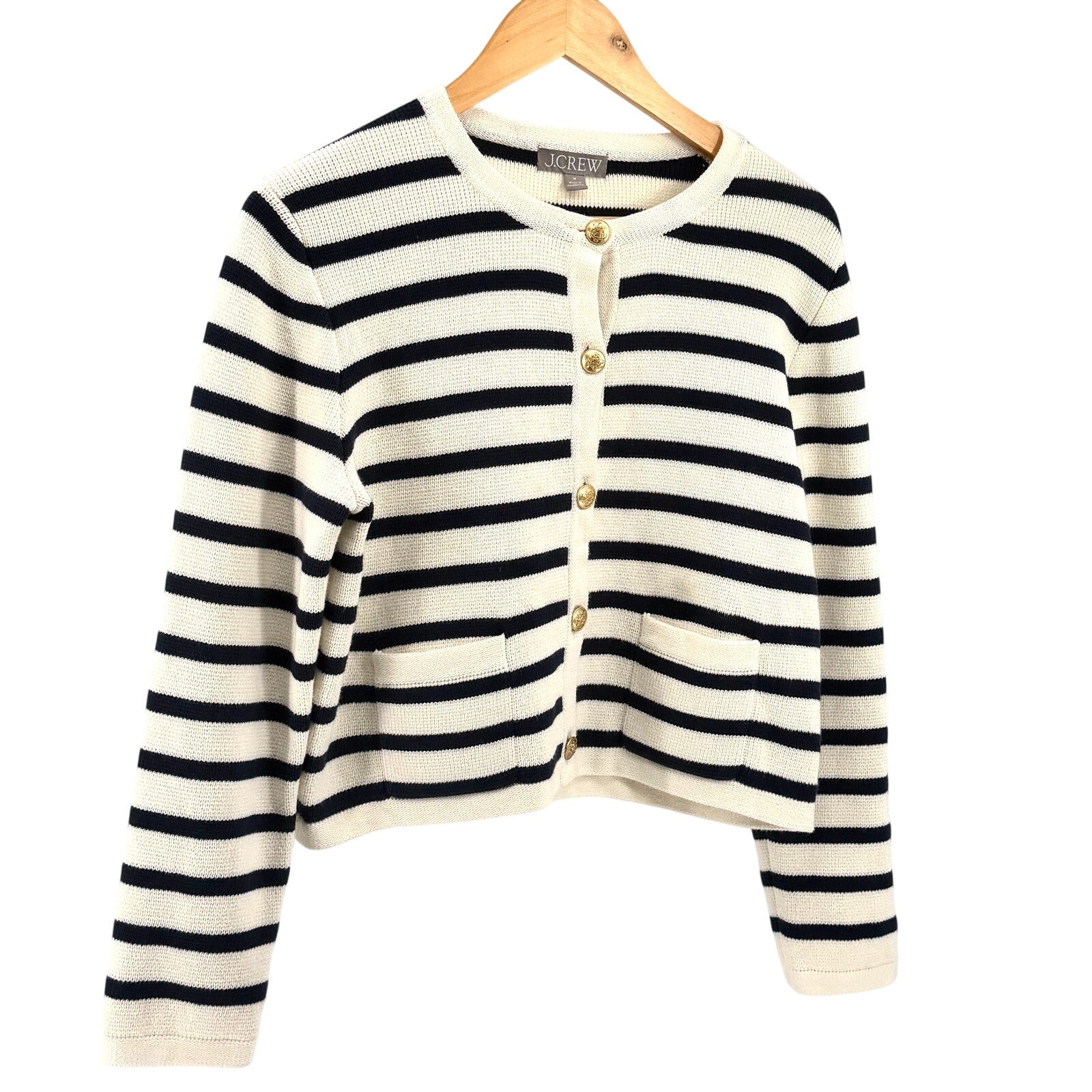 J.Crew Emilie Cream Navy Striped Gold Button 100% Cotton Cardigan Sweater Jacket