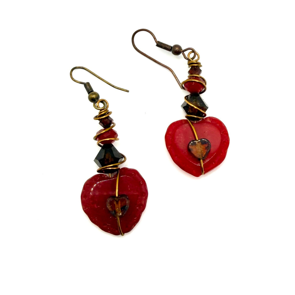 Vintage 90s Red Wire Wrapped Glass Heart Beaded Drop Earrings