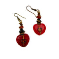Vintage 90s Red Wire Wrapped Glass Heart Beaded Drop Earrings