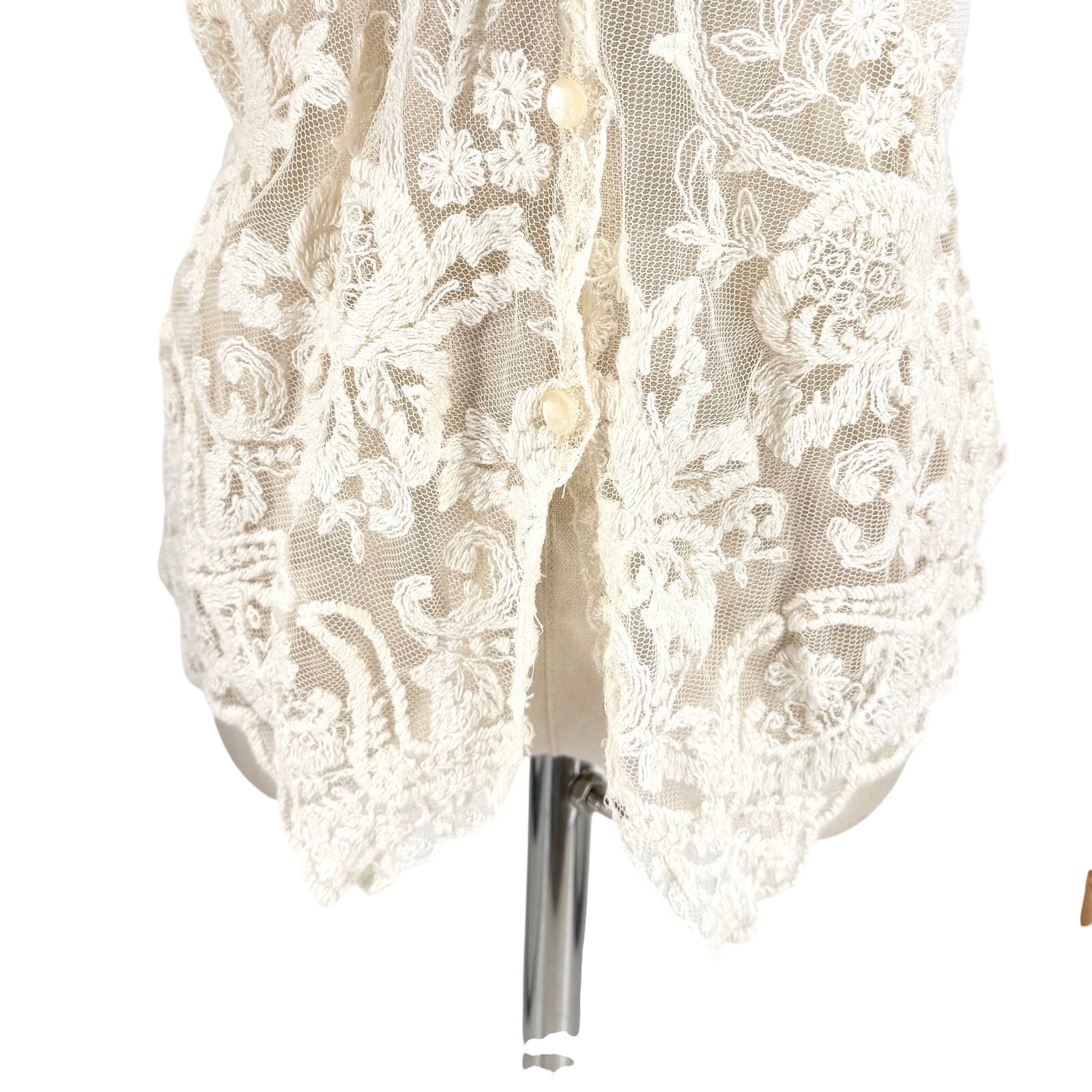 Vintage 90s ICE Ivory Mesh Lace Floral Embroidered Tie-Back Vest