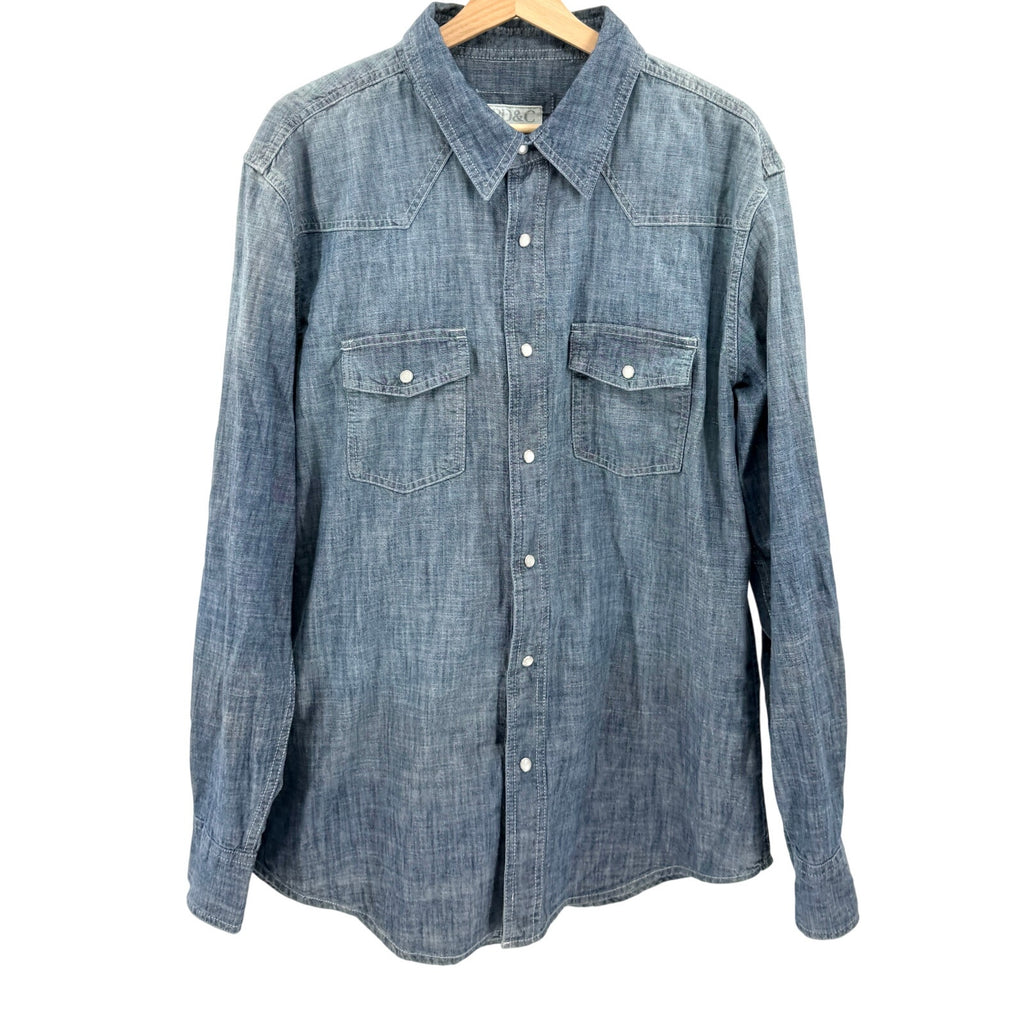 PD&C Blue Denim Chambray 100% Cotton Pearl Snap Western Button Down Shirt