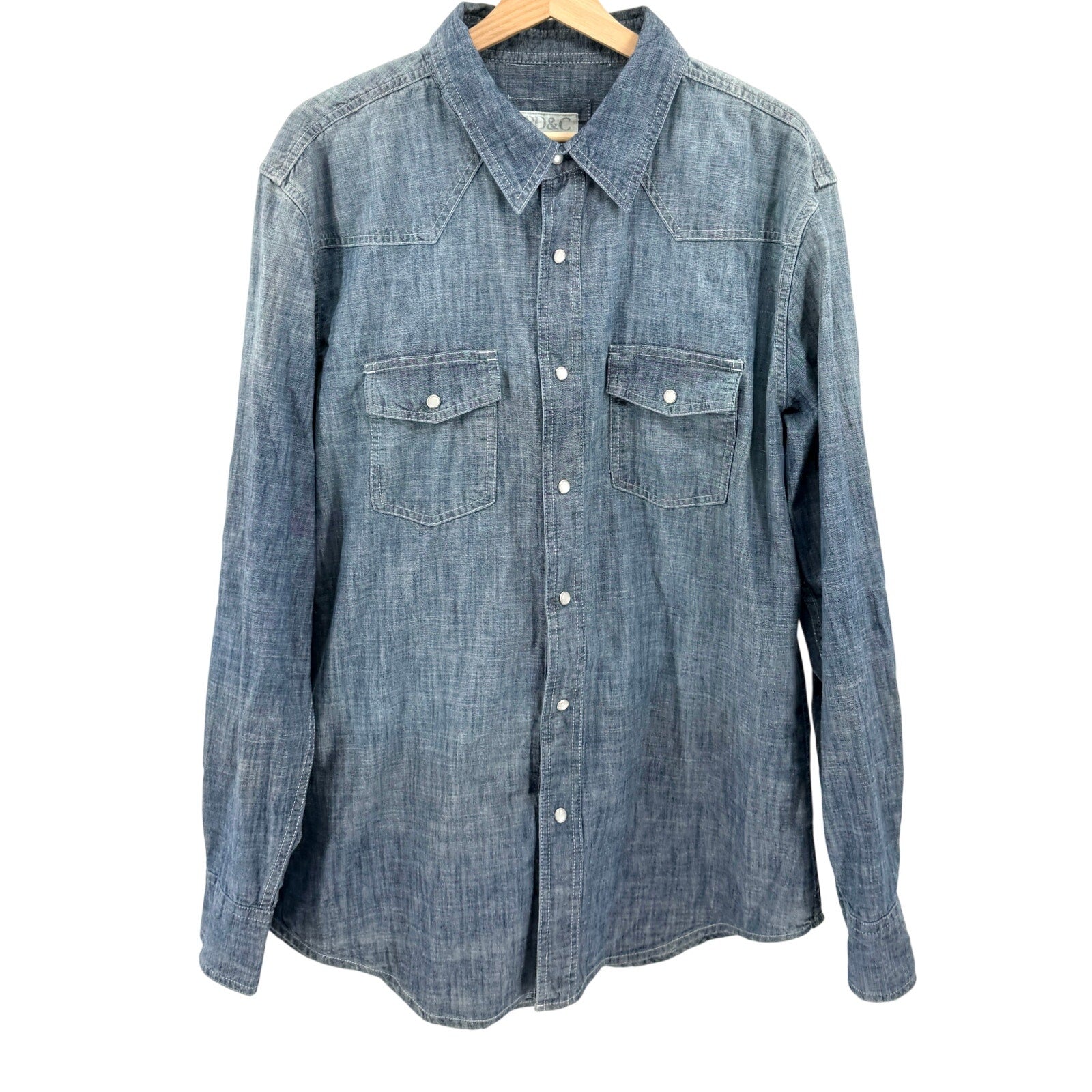 PD&C Blue Denim Chambray 100% Cotton Pearl Snap Western Button Down Shirt