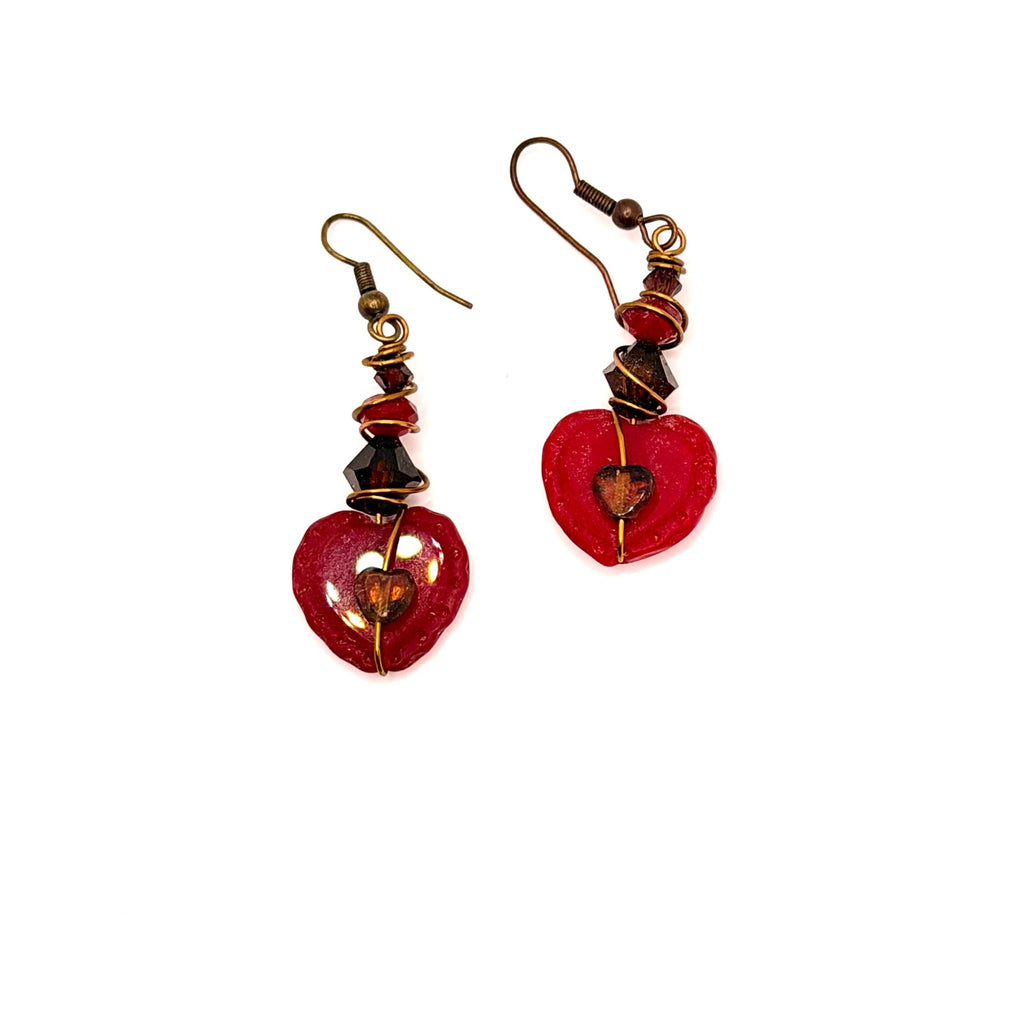 Vintage 90s Red Wire Wrapped Glass Heart Beaded Drop Earrings