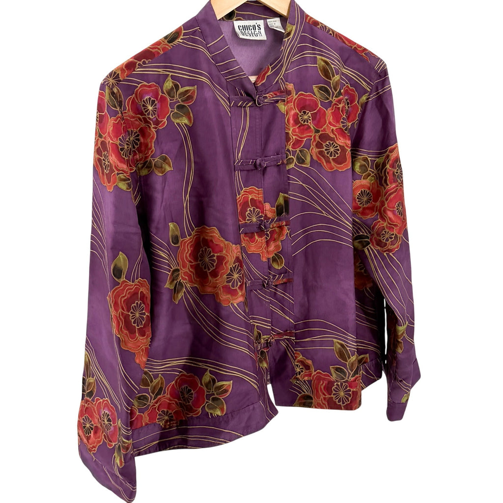 Vintage 90s Chico's Purple 100% Silk Floral Frog Button Mandarin Blouse