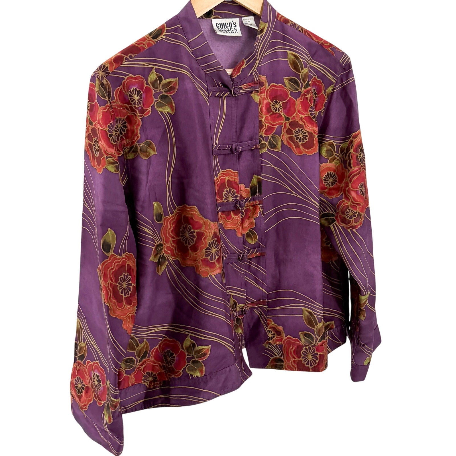 Vintage 90s Chico's Purple 100% Silk Floral Frog Button Mandarin Blouse